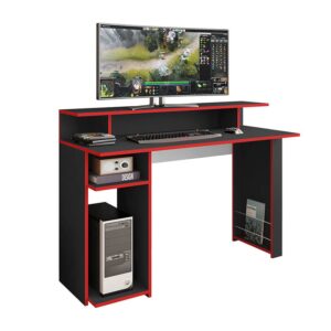 Escritorio gamer negro con rojo diseñado para mejorar el espacio y la organización de la habitación