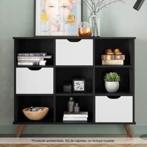 Combo Estante Salvador Negro + Kit 3 cajones organizador Santos Blanco 7 kit, organizador, muebles para el hogar, muebles para organizar, complementos, envíos nacionales, fácil armado, Bogotá