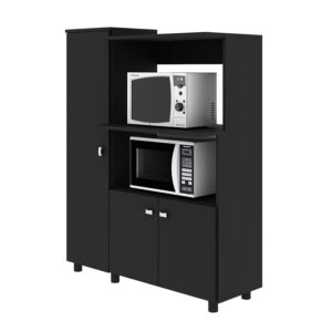 Mueble auxiliar negro para cocina con tres puertas para guardar utensilios y alimentos y con espacio para electrodomésticos