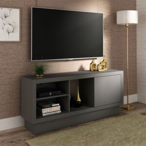 Mesa De Tv Tarragona Gris 3 Mesa de tv con capacidad para televisor de hasta 55 pulgadas, con una puerta y diferentes estantes