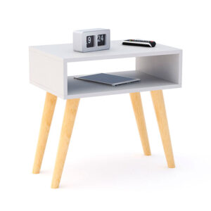 Mesa de noche blanca con diseño sencillo y funcional para habitaciones grandes y pequeñas